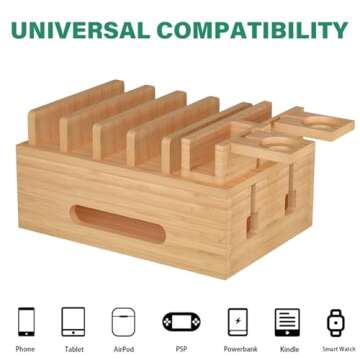 Bamboo Charging Stations for Multi Devices, Wood Desktop Docking Station Charger Organizer for Cell ...
