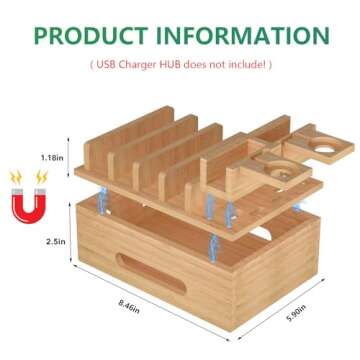 Bamboo Charging Stations for Multi Devices, Wood Desktop Docking Station Charger Organizer for Cell Phones, Tablets, Earphones, Watch (Includes 6 Charging Cables) (No Power Supply)