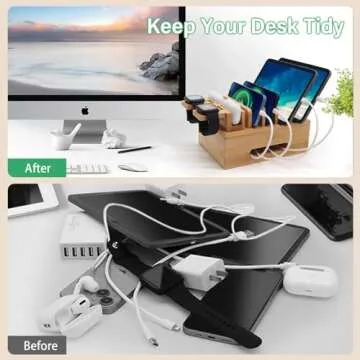 Bamboo Charging Stations for Multi Devices, Wood Desktop Docking Station Charger Organizer for Cell Phones, Tablets, Earphones, Watch (Includes 6 Charging Cables) (No Power Supply)