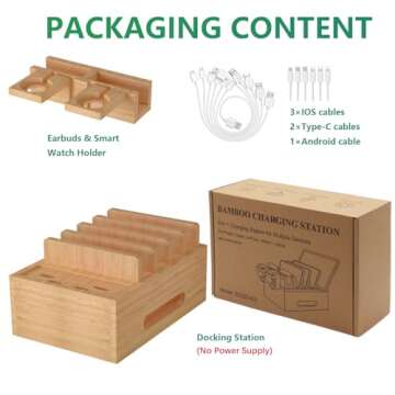 Bamboo Charging Stations for Multi Devices, Wood Desktop Docking Station Charger Organizer for Cell Phones, Tablets, Earphones, Watch (Includes 6 Charging Cables) (No Power Supply)