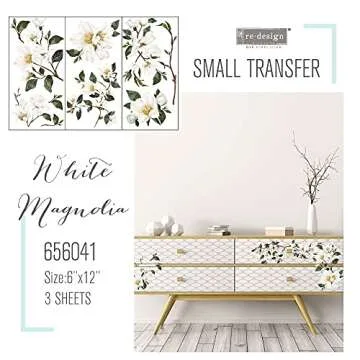 Redesign with Prima - White Magnolia Small Transfers 6"x12" 3 Sheets Rub on Transfers for Furniture Vintage Rub on Transfers Stickers for Crafts Classic Spring Summer Autumn Decoration