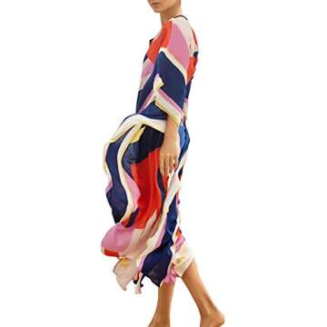 Chunoy Women Loose Color Block Bathing Suits Cover Up Ethnic Print Kaftan Beach Maxi Dress