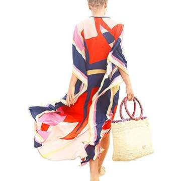 Chunoy Women Loose Color Block Bathing Suits Cover Up Ethnic Print Kaftan Beach Maxi Dress