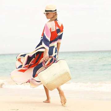 Chunoy Women Loose Color Block Bathing Suits Cover Up Ethnic Print Kaftan Beach Maxi Dress