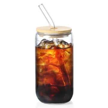 Cute Can-Shaped Glass Cups 16 oz with Bamboo Lids & Straws