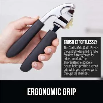 Gorilla Grip Garlic Press and Peel Set, Heavy Duty Mincer Tool, Easily Mince and Crush Garlics, Ginger, Nuts, Seeds, Large Ergonomic Handle, Peeler Included for Peeling Cloves, Kitchen Gadgets, Black