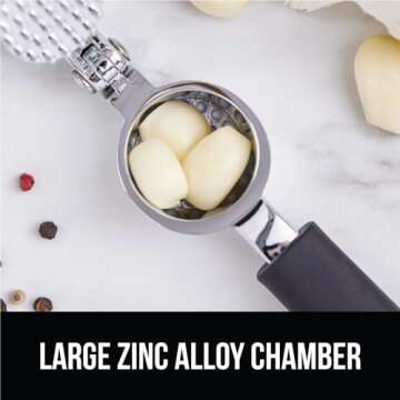 Gorilla Grip Garlic Press and Peel Set, Heavy Duty Mincer Tool, Easily Mince and Crush Garlics, Ginger, Nuts, Seeds, Large Ergonomic Handle, Peeler Included for Peeling Cloves, Kitchen Gadgets, Black