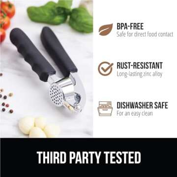 Gorilla Grip Garlic Press and Peel Set, Heavy Duty Mincer Tool, Easily Mince and Crush Garlics, Ginger, Nuts, Seeds, Large Ergonomic Handle, Peeler Included for Peeling Cloves, Kitchen Gadgets, Black