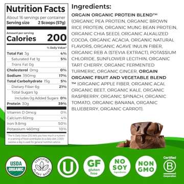 Orgain Organic 30g Vegan Protein Powder, Chocolate 9g EAAs + BCAAs, Plant Protein, 6g Prebiotic + Fiber, 1g Sugar, Pre-Workout, Muscle Support + Recovery - 2.01lb (Packaging May Vary)