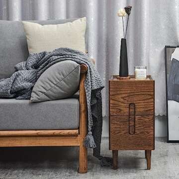 Cttasty Mid Century Modern Nightstand, Solid Wood Night Table, Minimalist Nightstand, Side Table for Bedroom, 2-Drawer Bedside Tables, Narrow Oak End Table Easy Installation (Walnut, 9.84inches)