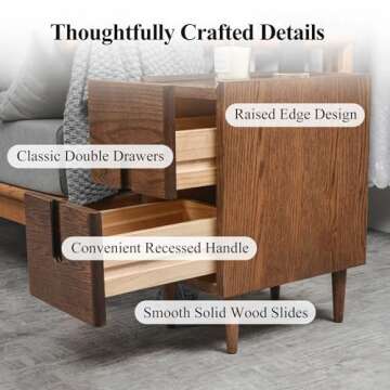 Cttasty Mid Century Modern Nightstand, Solid Wood Night Table, Minimalist Nightstand, Side Table for Bedroom, 2-Drawer Bedside Tables, Narrow Oak End Table Easy Installation (Walnut, 9.84inches)