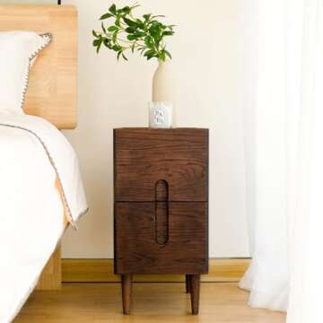 Cttasty Mid Century Modern Nightstand, Solid Wood Night Table, Minimalist Nightstand, Side Table for Bedroom, 2-Drawer Bedside Tables, Narrow Oak End Table Easy Installation (Walnut, 9.84inches)