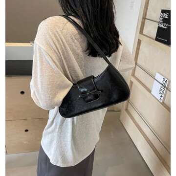 Black Leather Purses, Y2K Trendy Shoulder Bag for Women, Patent Leather Hobo Bags Clutch Handbags Cute Bow Purse