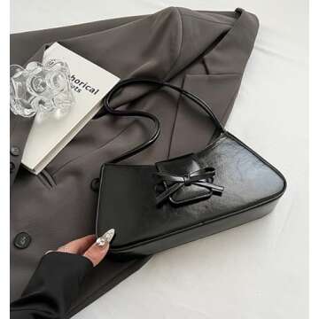 Black Leather Purses, Y2K Trendy Shoulder Bag for Women, Patent Leather Hobo Bags Clutch Handbags Cute Bow Purse
