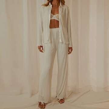 NUFIWI Women Y2K 2 Piece Pants Set Oversized Floral Printed Button Down Shirt High Waist Pants Outfits Summer Streetwear(Pleated Solid White,Large)