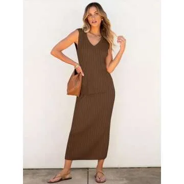 ANRABESS Women's 2 Piece Outfits Summer Sweater Skirt Sets Casual Sleeveless V Neck Ribbed Vest Knit...