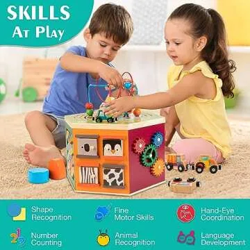 WOODMAM Large Activity Cube, 9-in-1 Farm-Themed Wooden Play Center, Multipurpose Montessori Toy for 1-2 Year Old Baby Toddler Kid, First Birthday Gift | Bonus Magnetic Train Cars