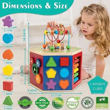 WOODMAM Large Activity Cube, 9-in-1 Farm-Themed Wooden Play Center, Multipurpose Montessori Toy for 1-2 Year Old Baby Toddler Kid, First Birthday Gift | Bonus Magnetic Train Cars