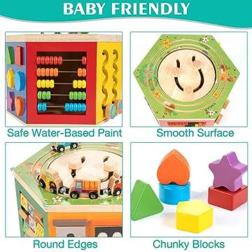 WOODMAM Large Activity Cube, 9-in-1 Farm-Themed Wooden Play Center, Multipurpose Montessori Toy for 1-2 Year Old Baby Toddler Kid, First Birthday Gift | Bonus Magnetic Train Cars