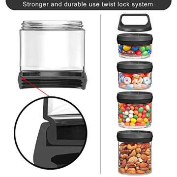 SELEWARE Stackable Snack Jars, Twist Lock Stackable Containers Set, Food Storage Travel Container for Storing Milk Protein Powder Snacks, BPA Free, 4-Piece for 1 Pack (Black, Total 31oz)