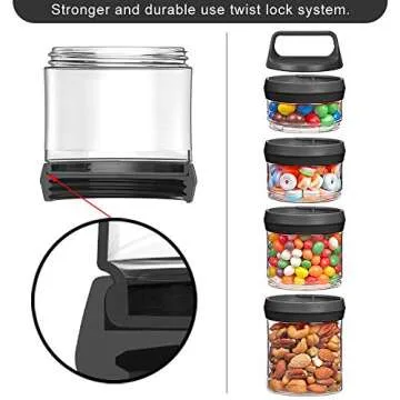 SELEWARE Stackable Snack Jars, Twist Lock Stackable Containers Set, Food Storage Travel Container for Storing Milk Protein Powder Snacks, BPA Free, 4-Piece for 1 Pack (Black, Total 31oz)