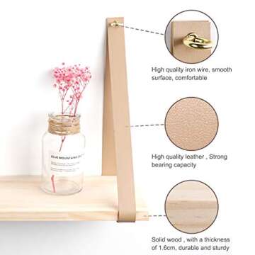 YOYAI Leather Strap Wood Floating Wall Shelf Wooden Shleves Wall Organizer Wall Mount Shelf Home Decor Kitchen Living Room Bedroom（Beige Set of 2）