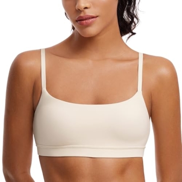 CRZ YOGA Womens Butterluxe Adjustable Spaghetti Strap Sports Bra - Scoop Neck Wireless Padded Bra Yoga Workout Crop Top White Apricot Medium