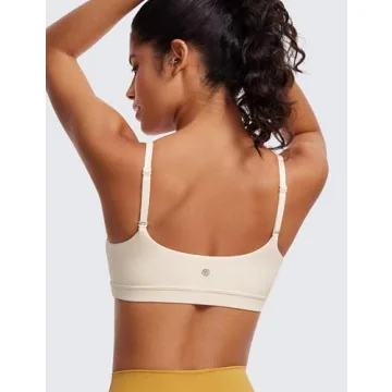 CRZ YOGA Womens Butterluxe Adjustable Spaghetti Strap Sports Bra - Scoop Neck Wireless Padded Bra Yoga Workout Crop Top White Apricot Medium