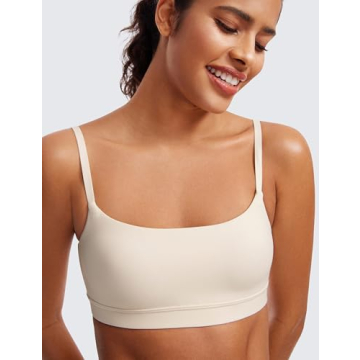 CRZ YOGA Womens Butterluxe Adjustable Spaghetti Strap Sports Bra - Scoop Neck Wireless Padded Bra Yoga Workout Crop Top White Apricot Medium