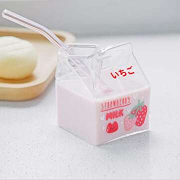 Kawaii Glass Milk Carton Cup Cute Strawberry Milk Cup Mini Creamer Pitcher Container Microwavable 12 Oz, 1Pcs