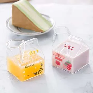 Kawaii Glass Milk Carton Cup Cute Strawberry Milk Cup Mini Creamer Pitcher Container Microwavable 12 Oz, 1Pcs