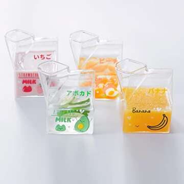 Kawaii Glass Milk Carton Cup Cute Strawberry Milk Cup Mini Creamer Pitcher Container Microwavable 12 Oz, 1Pcs