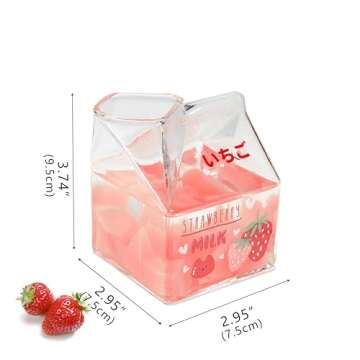 Kawaii Glass Milk Carton Cup Cute Strawberry Milk Cup Mini Creamer Pitcher Container Microwavable 12 Oz, 1Pcs