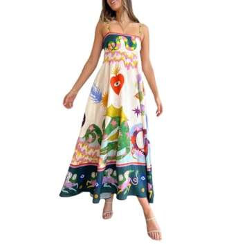 Generic Women Cute Print Maxi Cami Dress Loose Sleeveless Spaghetti Strap Boho Dress Flowy Graffiti Long Aline Sun Dress Satin Pink Dress Mini Womens Wedding Guest Dress Summer（White,Medium）