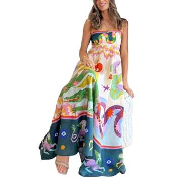 Generic Women Cute Print Maxi Cami Dress Loose Sleeveless Spaghetti Strap Boho Dress Flowy Graffiti Long Aline Sun Dress Satin Pink Dress Mini Womens Wedding Guest Dress Summer（White,Medium）