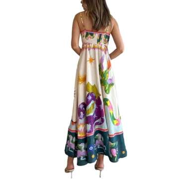 Generic Women Cute Print Maxi Cami Dress Loose Sleeveless Spaghetti Strap Boho Dress Flowy Graffiti Long Aline Sun Dress Satin Pink Dress Mini Womens Wedding Guest Dress Summer（White,Medium）