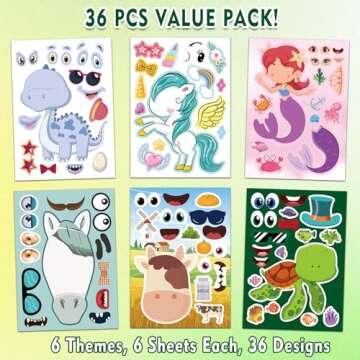 Aowplc 36 Pcs Make-A-Face Sticker Sheets Kids Party Favors Mix and Match Stickers with Dinosaurs, Me...