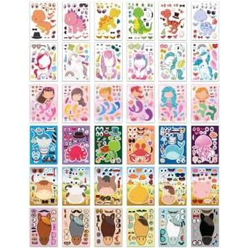 Aowplc 36 Pcs Make-A-Face Sticker Sheets Kids Party Favors Mix and Match Stickers with Dinosaurs, Mermaids, Unicorns, Horses, Farm & Sea Animals for Parties, Birthdays, Classroom Activities & Crafts