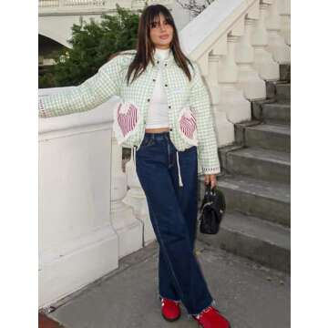 Wyeysyt Women's Cropped Puffer Jacket Winter Gingham Snap Plaid Short Padded Coats with Pockets(Green-L)