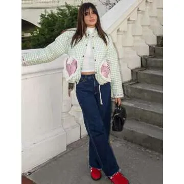 Wyeysyt Women's Cropped Puffer Jacket Winter Gingham Snap Plaid Short Padded Coats with Pockets(Green-L)