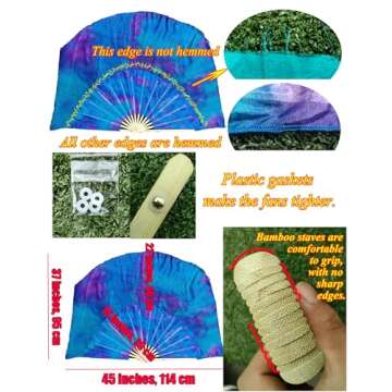 Winged Sirenny Large Single Belly Dance Silk Flutter, 45in Wide Short Silk Fan Veil Right Hand(Merma...