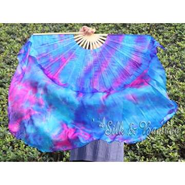 Winged Sirenny Large Single Belly Dance Silk Flutter, 45in Wide Short Silk Fan Veil Right Hand(Mermaid)