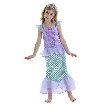 HenzWorld Mermaid Princess Dress Little Girls Costume Dress up Clothes Birthday Party Cosplay Theme Putfit Jewelry Accessories Purple 5-6 Years