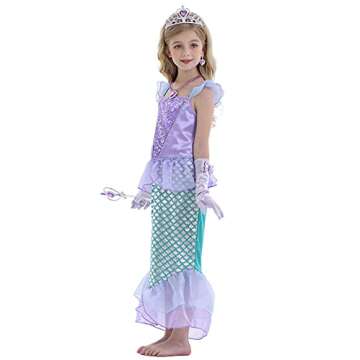 HenzWorld Mermaid Princess Dress Little Girls Costume Dress up Clothes Birthday Party Cosplay Theme Putfit Jewelry Accessories Purple 5-6 Years