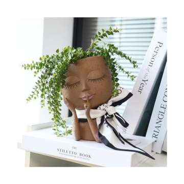 HUNTHAWK Face Planter Pot Head Planters Pots Unique Flower Pot for Indoor Outdoor Plants Resin Head Planter with Drainage Hole Cute Lady face Plant Pots Closed Eyes (Brown/Dark)
