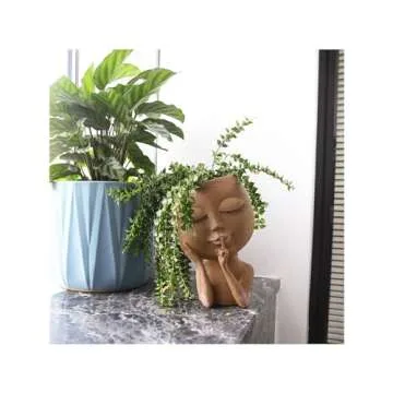 HUNTHAWK Face Planter Pot Head Planters Pots Unique Flower Pot for Indoor Outdoor Plants Resin Head Planter with Drainage Hole Cute Lady face Plant Pots Closed Eyes (Brown/Dark)
