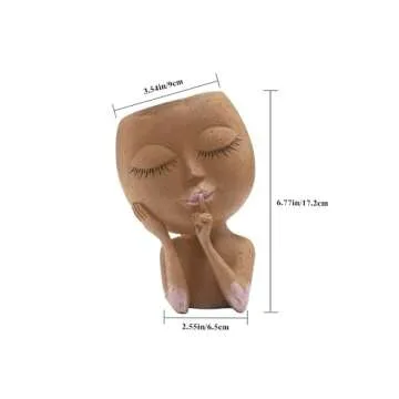 HUNTHAWK Face Planter Pot Head Planters Pots Unique Flower Pot for Indoor Outdoor Plants Resin Head Planter with Drainage Hole Cute Lady face Plant Pots Closed Eyes (Brown/Dark)