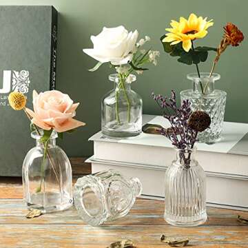 Bud Vases in Bulk - Small Glass Vase Set of 5 EylKoi Different Shape Vintage, Mini Vases Clear Small Vases for Flowers, Glass Bud Vase Glass Flower Clear Vases for Centerpiece Bulk, Wedding Table