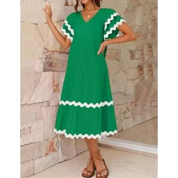 ZESICA Women’s 2025 Summer Casual Midi Dress V Neck Flutter Short Sleeve Ruffle Tiered A Line Flow...