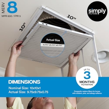 Simply 10x10x1 Air Filter, Merv 8, MPR 600, 6 Pack, Furnace Air Filter for HVAC (Actual Size: 9.75"x9.75"x0.75") DUST, Pet, & Allergy Control